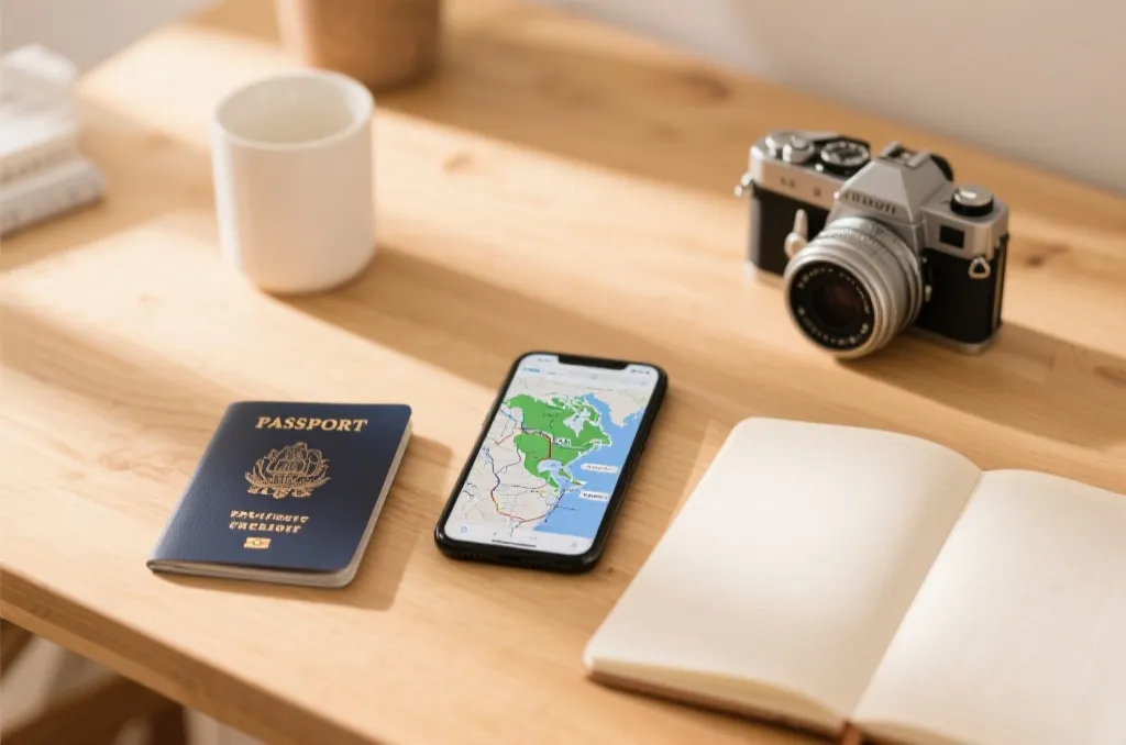 Travel planning setup with passport and generic route map on phone